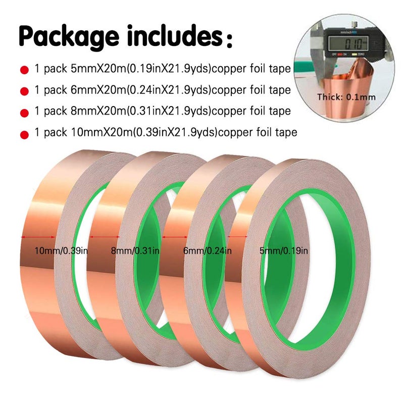 Oubaka 4 Sizes Copper Foil Tape,Double-Sided Conductive Copper Tape with Adhesive for EMI Shielding,Paper Circuits,Electrical Repairs,Grounding(5mm,6mm,8mm,10mm) X 21.9yards - Image 2